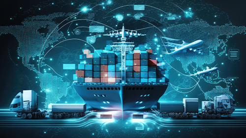Cargo ship in front of digital world map