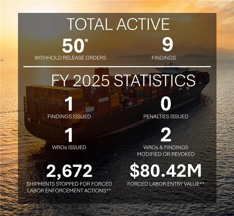 Total active statistics of 51 withhold release orders and 9 active findings. For FY24, 1 findings issued, 0 penalties issued, 1 withhold release order issued, 1 withhold release orders and findings modified or revoked, and 2,672 shipments stopped for forced labor enforcement actions. $80.42 million in forced labor entry value.